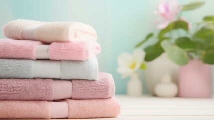 Obraz na płótnie Canvas Stack of towels on table purple fluffy spa treatment washcloth