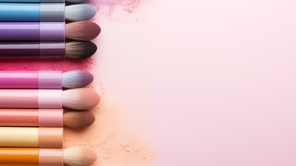 Makeup brushes on pink background care paint beauty eyeshadow glamour - obrazy, fototapety, plakaty