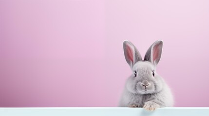 Rabbit on pink background front view young animal hare