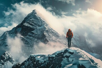 Mountaineer reaching the mountain top, Generative AI - obrazy, fototapety, plakaty