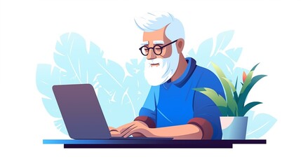 Fototapeta na wymiar Man with beard and glasses working on laptop sitting character