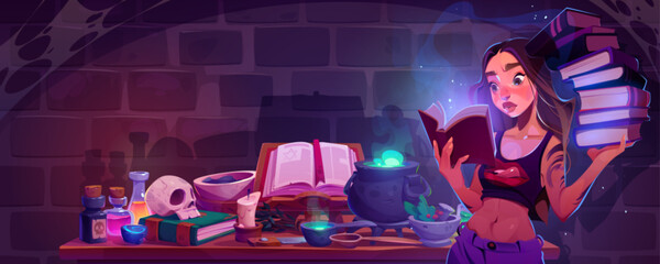 Young witch cooking potion in old dungeon. Vector cartoon illustration of female character reading ancient spellbook, magic liquid boiling in cauldron, candle, skull, herbs, glass flasks on table - obrazy, fototapety, plakaty