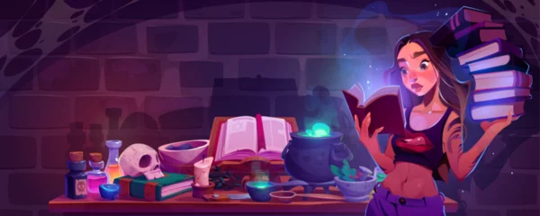 Poster Young witch cooking potion in old dungeon. Vector cartoon illustration of female character reading ancient spellbook, magic liquid boiling in cauldron, candle, skull, herbs, glass flasks on table © klyaksun