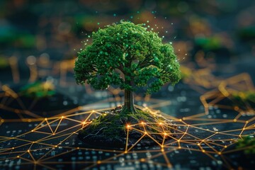 new technology startup concept with green tree growing from network of data