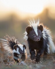 Baby skunk following mother, soft pastel colors, dawn light, wide angle, heartwarming