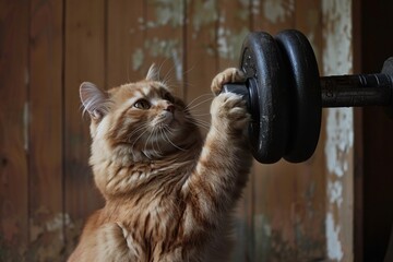 Obese Fitness cat lifting a heavy big dumbbell