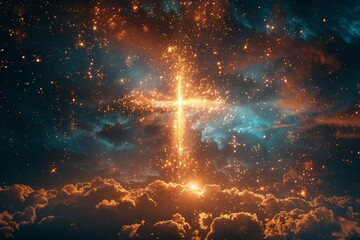 A bright orange cross is lit up in the sky, surrounded by clouds - obrazy, fototapety, plakaty