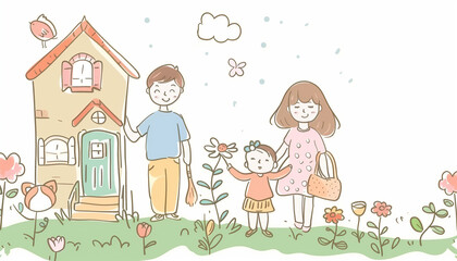 Obraz na płótnie Canvas Kids drawing style home family, friends flower