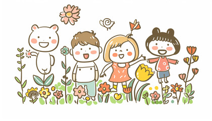Naklejka premium Kids drawing style home family, friends flower