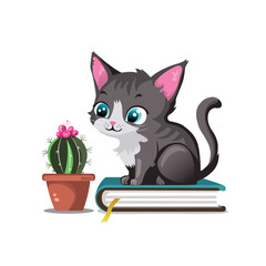 Cute cat staring in wonder at the blooming cactus