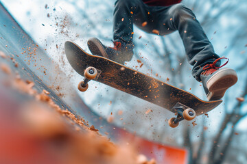AI generated illustration of an action closeup shot of a skateboarder mid-trick