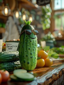 Naklejki AI generated illustration of a cool pickle wearing sunglasses near a funny sign