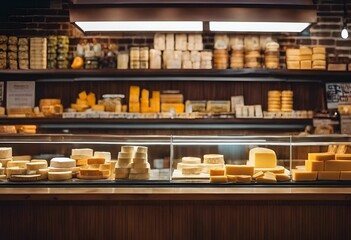 AI generated illustration of various cheeses showcased in a glass case at a store