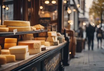 the cheeses are on display on a table in front of a store