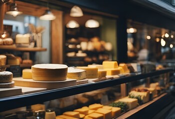 AI generated illustration of a variety of cheeses and gourmet foods - obrazy, fototapety, plakaty