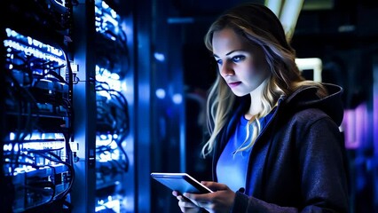 A specialist young woman working in the server room