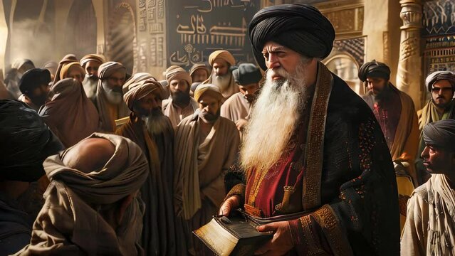 An elderly Muslim sheikh in the past, surrounded by Muslim people