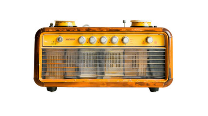 Vintage wooden radio with dial knobs and speaker grille on a plain white background. Retro design, possibly mid-20th century.