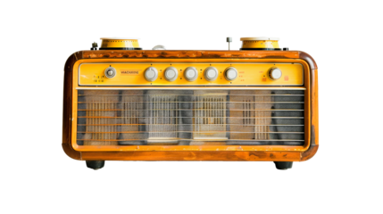 Vintage wooden radio with dial knobs and speaker grille on a plain white background. Retro design, possibly mid-20th century.