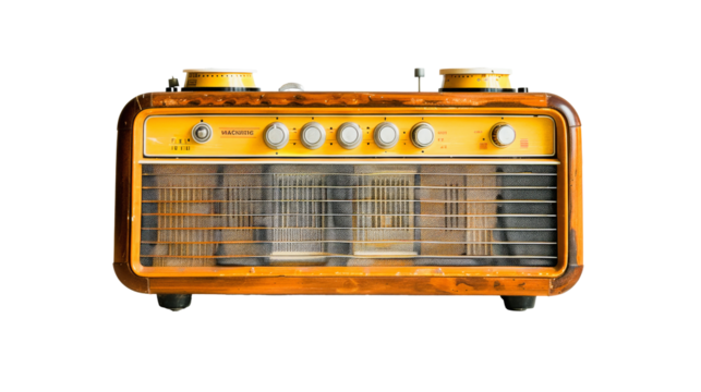 Vintage wooden radio with dial knobs and speaker grille on a plain white background. Retro design, possibly mid-20th century.