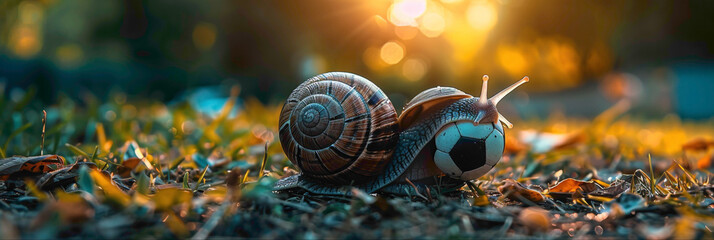 a Snail playing with football beautiful animal photography like living creature - obrazy, fototapety, plakaty