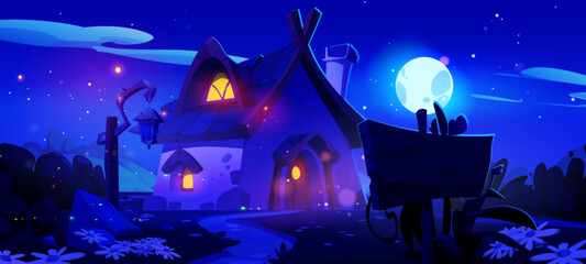 Obraz premium Summer countryside landscape with house at night. Starry sky with full moon in evening and mystery light from gnome home window. Fairytale cottage in darkness of midnight. Magic dwarf hut design