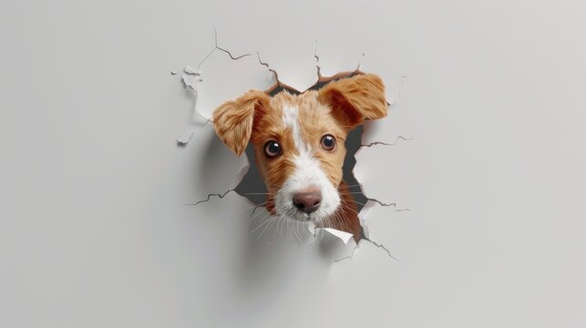 hole in the wall, with an adorable dog peeking out, adding charm to any space, against a pristine white background, perfect for a playful touch in home decor.