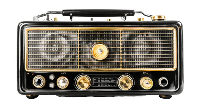 Vintage black portable radio with gold detailing and buttons, against a white background. Retro technology and communication device.