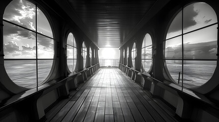 Monochrome corridor with ocean view from cruise ship. Modern architecture and design concept. Black and white photography for poster, interior design, and architectural backgrounds. Symmetrical