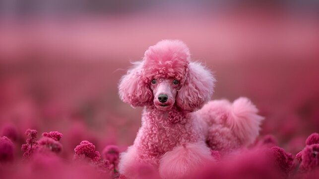 AI generated illustration of a pink poodle perched on pink field of flowers