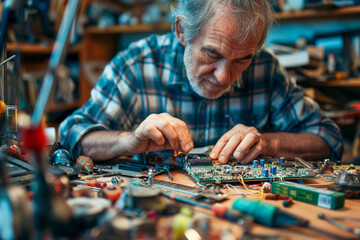 AI generated illustration of an elderly man repairing an electronic device on a workbench - obrazy, fototapety, plakaty