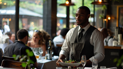 A professional waiter holding a fresh salad dish, attentively serving in a bustling restaurant atmosphere.