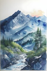 AI generated illustration of a river in mountains in watercolor
