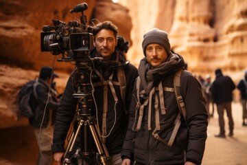 Fototapeta premium Two men are standing next to each other in front of a camera. They appear to be posing or preparing for a photo or video shoot. The men are likely subjects in a filming or photography project