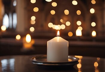 a lit candle sitting on a plate near a large window