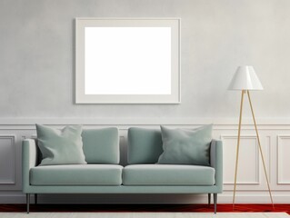 White canvas frame hanging on the wall of a cozy living room, AI-generated.