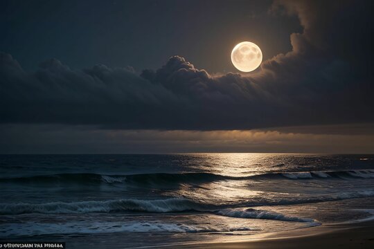 a full moon is lit over the ocean in this image