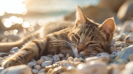 a cat is asleep on a beach near the water,