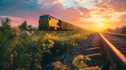 a train on tracks near a yellow flower covered field and clouds - obrazy, fototapety, plakaty