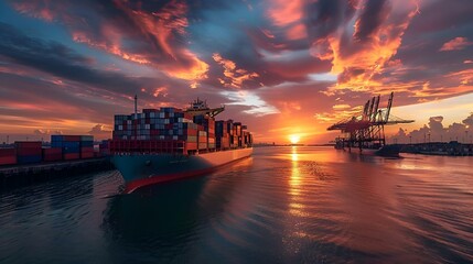 a ship that is docked next to a dock and sunset - obrazy, fototapety, plakaty