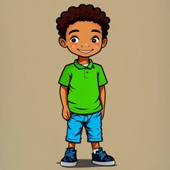 AI generated illustration of a boy in a casual posture, wearing blue shorts and a green shirt