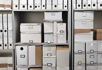 AI generated illustration of an array of cardboard boxes on the office shelves