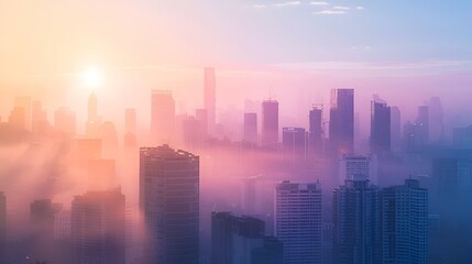 the sun is shining brightly over some city buildings in the fog