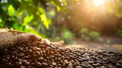 Obraz premium roasted coffee beans lie on top of a sack of coffee beans in this close up