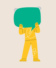 Man holding large speech message bubbles with instead of heads. Colorful vector illustration