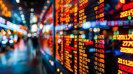 A vibrant stock exchange board displaying financial market data, with fluctuating stock prices in red and green illuminated digits.