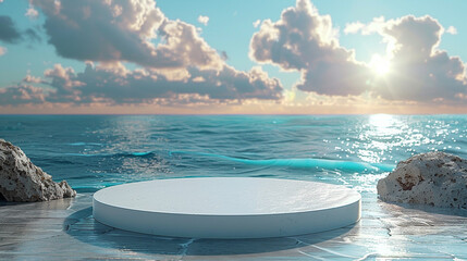 3d luxury white podium with blur ocean and blue sky for your luxury product.Generative AI - obrazy, fototapety, plakaty