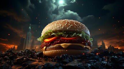 AI generated illustration of a large hamburger placed on a deserted and crumbling cityscape - obrazy, fototapety, plakaty