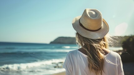 AI generated illustration of a woman in a white shirt and a straw hat, gazing at the ocean