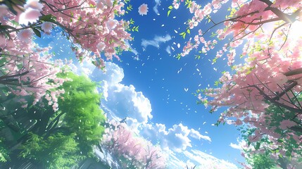 Fototapeta na wymiar Digital fantasy cherry blossoms under the blue sky poster web page PPT background